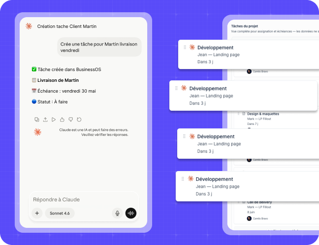 Conversation Claude qui crée une tâche de livraison dans BusinessOS avec échéance et statut